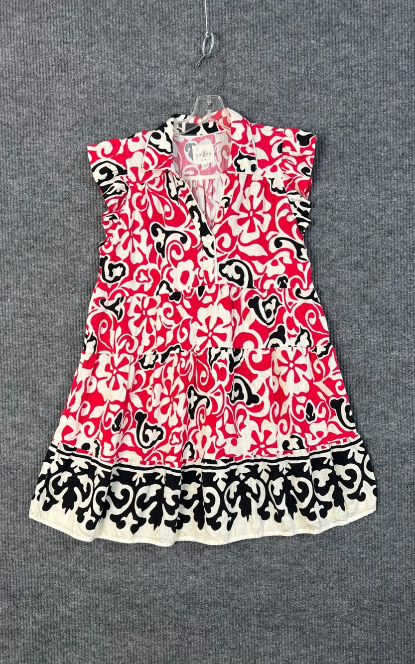 Umgee Mini Dress Womens Large Boho Tiered Short Sleeve Red Black Rayon Pullover